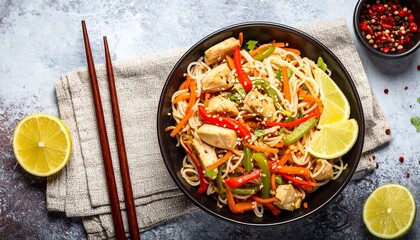 A vibrant bowl of chicken stir-fry noodles garnished with fresh lime slices and seasoned with sesame seeds.