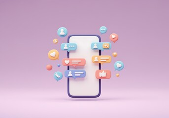 Modern smartphone surrounded by pastel colored communication icons like messages likes and profile symbols representing social media and online interaction in a trendy style
