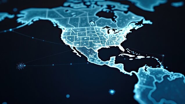 A detailed representation of the North American continent with state borders and interconnected network points.