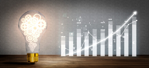 A creative light bulb filled with gears symbolizes innovation and success. The ascending graph...