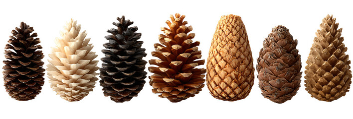 A set of pine cones of various shapes and colors. Isolated on white background