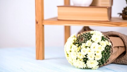 A delicate bouquet of pale yellow flowers adorns a small wooden shelf, creating a tranquil and natural scene.