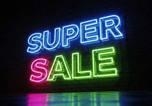 Neon sign advertising a super sale