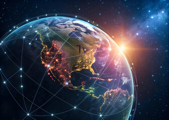 Fototapeta premium Glowing Earth with Satellite Network Connections Illuminating North and Central America at Night from Space Sunrise Background