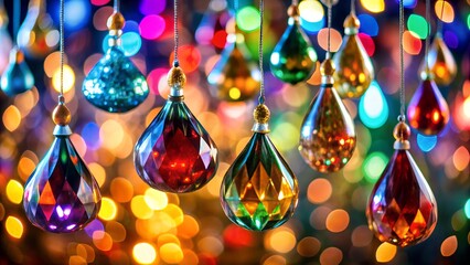 Colorful teardrop shaped Christmas ornaments hanging with bokeh background holiday decorations