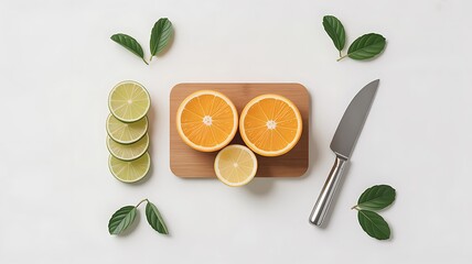 Citrus Fruits with Cutting Board on a White Background