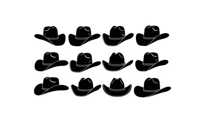 Collection of cowboy hat silhouettes isolated on white background