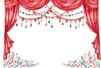 Festive red watercolor curtain stage frame with bunting for celebration