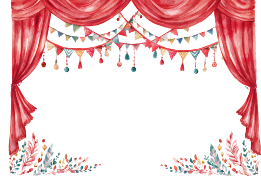 Festive red watercolor curtain stage frame with bunting for celebration