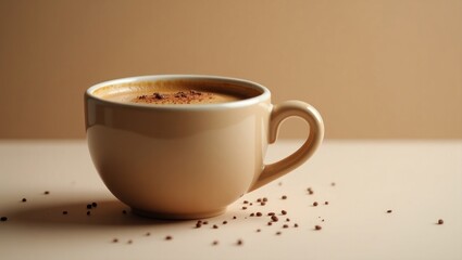 A light beige ceramic coffee cup, filled with a creamy cappuccino, rests on a muted beige surface, adorned with scattered brown cocoa powder.
