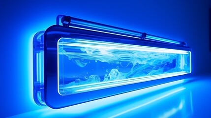 A blue illuminated rectangular container with fluid and bubbles inside on a blue surface