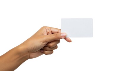 Fototapeta premium A hand holds a blank white square card against a white background