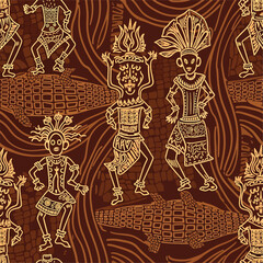 Seamless Pattern, Seamless pattern with stylized African tribal dancers and crocodiles in brown tones Stock royalty free.