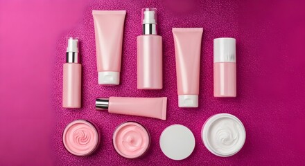 Naklejka premium Top View Pink Cosmetic Product Shot. Flat Lay Skincare Jars, Tubes, and Bottles. isolated PNG with Transparent Background
