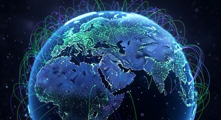 Futuristic Global Network Connecting Continents with Digital Energy.