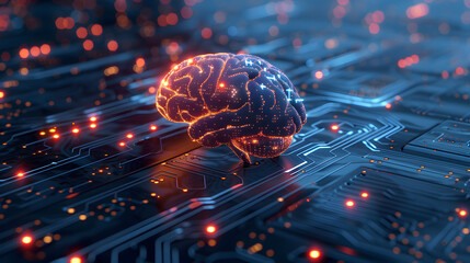 A mesmerizing conceptual illustration of a human head and brain interwoven with a circuit board and binary code, creating a stunning visual of intelligence, technology, and imagination