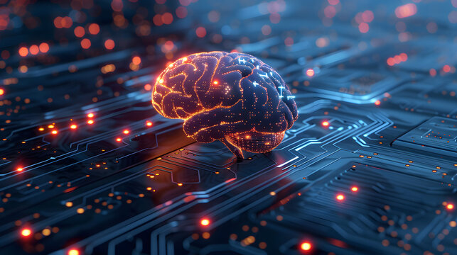 A mesmerizing conceptual illustration of a human head and brain interwoven with a circuit board and binary code, creating a stunning visual of intelligence, technology, and imagination