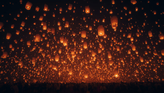 Sky lanterns floating in the night sky during a festival, creating a magical and serene atmosphere.