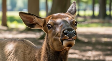 Obraz premium Funny Female Deer Making a Silly Face While Eating in the Woods.