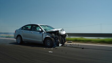 Fototapeta premium Car Crash Scene on Highway with Damaged Vehicle and Debris Illustrating Road Safety Concerns and the Importance of Accident Prevention Measures
