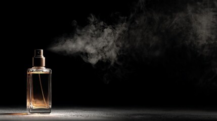 Perfume atomizing from glass bottle, creating hazy vapor against dark background