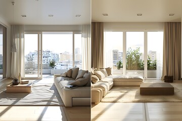 Fototapeta premium Detailed comparison image depicting modern apartment before renovation with cramped zoning adjacent to its after state featuring fluid spatial integration, enhanced namodern living room with fireplace