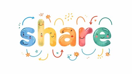 Whimsical "share" text illustration with cheerful expressions and organic decorations