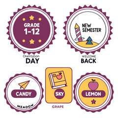 Back to School Round and Square Stickers with Orientation Day, New Semester, and Grade 1–12 Badges for Kids Education