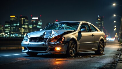 Fototapeta premium Damaged Silver Car After Nighttime Accident with City Skyline in Background Emphasizing Road Safety and Consequences of Reckless Driving