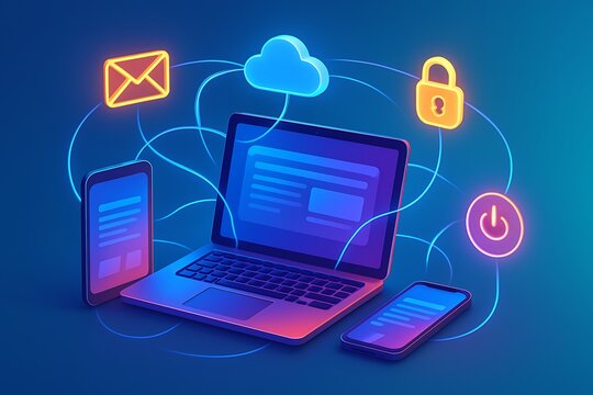 An interconnected network of a laptop, smartphone, and tablet with a cloud, envelope, and padlock highlights secure data synchronization and communication across devices - Powered by Adobe