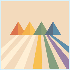 A minimalist illustration of an Egyptian pyramid with colored light rays, creating an abstract and modern feel that represents history, culture, and visual arts.