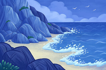 Abstract illustration of a rocky beach with waves meeting the sea, artistic coastal landscape ideal for creative backgrounds, posters, and summer-themed designs.