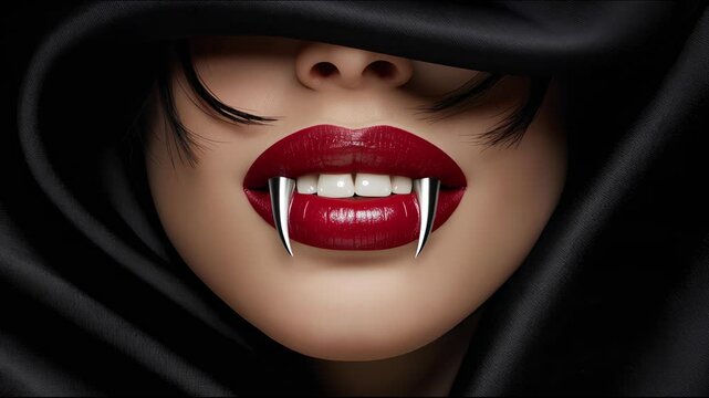 A beautiful female vampire with red lips and sharp metal fangs under a black hood mysteriously whispers, utters a spell, or speaks fateful words.