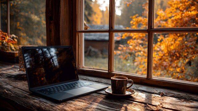 Laptop and coffee cup on wooden windowsill with autumn foliage visible through the window in background - Powered by Adobe