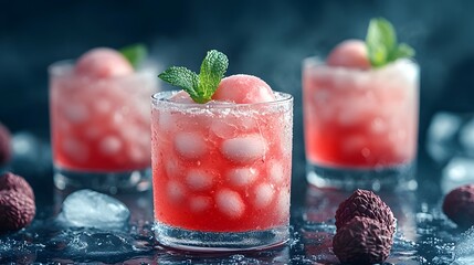 Three refreshing lychee cocktails with ice and mint garnish are displayed on a cool, frosted surface with scattered lychees for an inviting presentation.