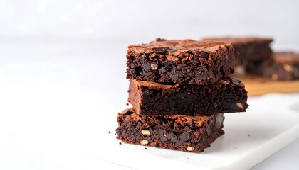 A stack of rich, moist brownies, studded with chocolate chips, sits atop a white marble surface.