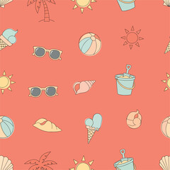 Seamless Pattern, Summertime fun seamless pattern illustration featuring beach elements on coral background Stock royalty free  image.