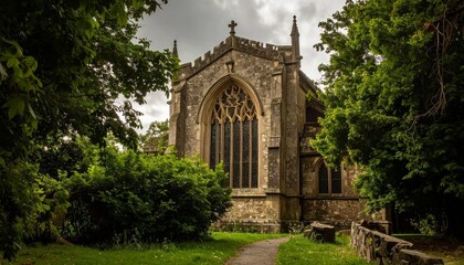 Fototapeta premium An old stone church with gothic architecture surrounded by trees 