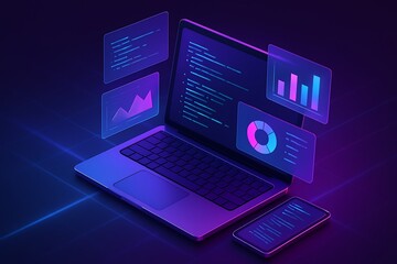 3d isometric rendering of a laptop and smartphone with holographic data visualizations of business charts and code snippets floating above the screens