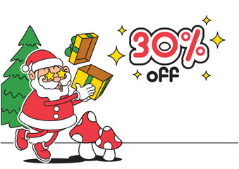 Santa Claus mascot in groovy style brings gifts for a Christmas sale with a 30 percent discount. Holiday promotion concept
