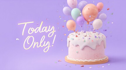 Colorful Celebration Cake with Balloons, Confetti, and "Today Only" Neon Sign on Purple Background