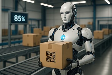 Advanced humanoid robot working in a modern automated warehouse, holding a cardboard box with a qr code, representing logistics, automation, and smart delivery