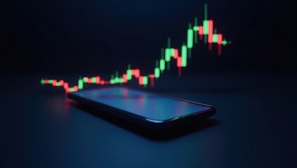 A modern smartphone displays a dynamic financial chart with vibrant green and red candlesticks against a dark background.