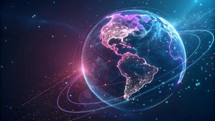 Obraz premium Glowing Holographic Earth Globe Composed of Pink Blue and Purple Particles Orbiting in a Dark Space Background with Light Trails