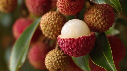   A close-up image of a fruit tree with multiple fruits dangling from its branches, as well as a prominent white ball at the focal point