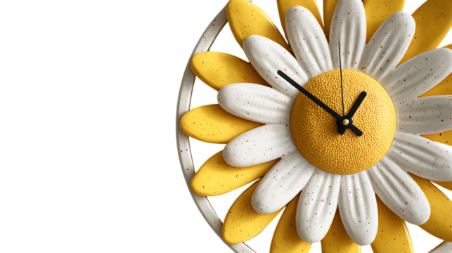 white and yellow flower shaped clock on white background