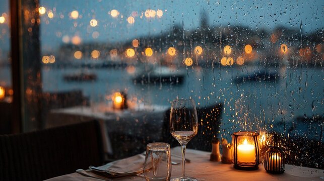   A table set with a candelabra, stemmed wine glasses, and a window displaying a water view along with a cityscape