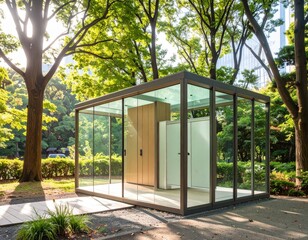 Fototapeta premium Transparent glass design public toilet installed in the park/公園に設置された透明ガラスのデザイン公衆トイレ