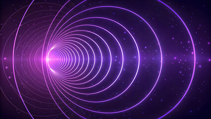 Abstract Violet and Purple Neon Energy Wave Rings Concentrating into a Bright Core within a Dark Space Background Featuring Glowing Particles