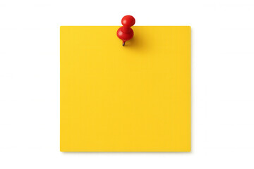 Yellow sticky note pinned by red pushpin, highlighting key information against clean transparent background